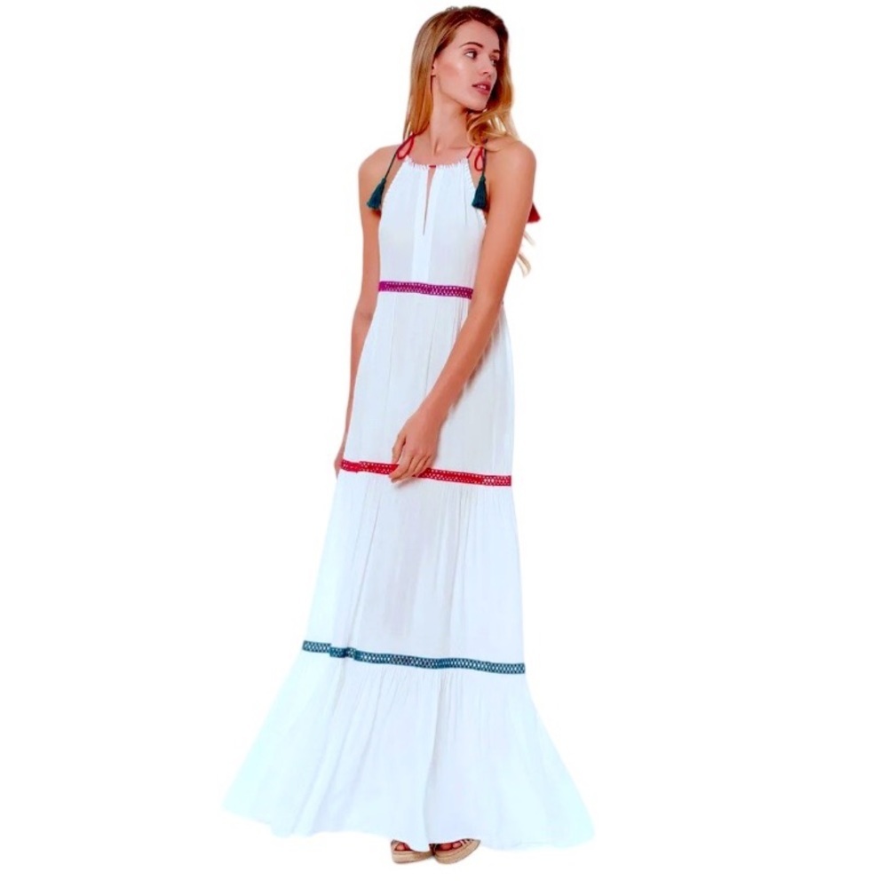 Red Carter Tiered Maxi Dress Large 8 10 Swim Cover Up Tassels Open Work NWT